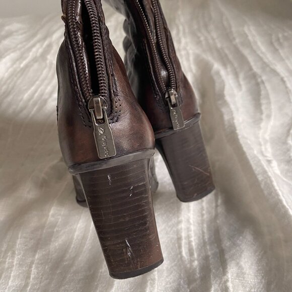 🍂 Y2K Vintage Dark Warm Brown Faded High-Heeled  Square Toes Leather Knee Boots - Picture 6 of 8